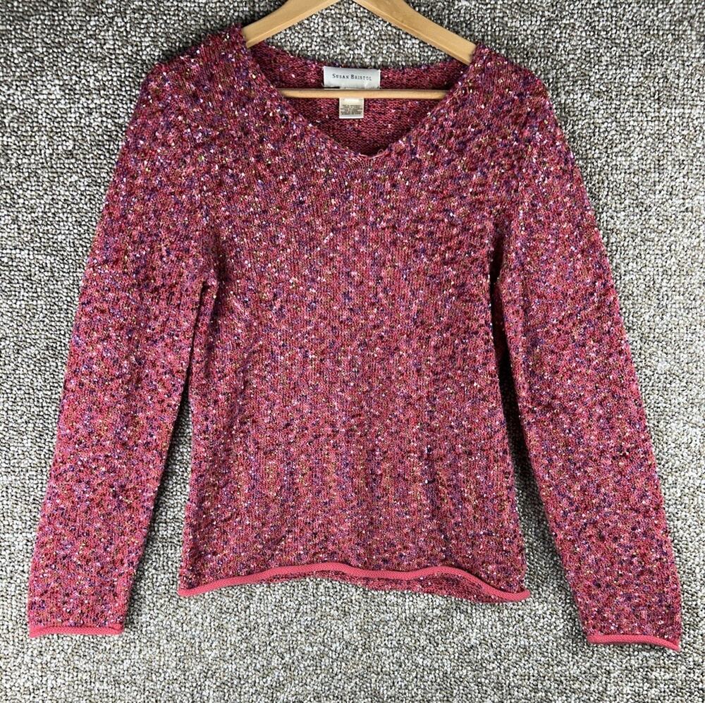 Vintage Y2K Susan Bristol Sweater Medium Pink Roll Hem Confetti Speckled